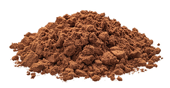 Pile of cocoa powder isolated on white background with clipping path, full depth of field