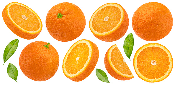 Orange fruits with leaves isolated on white background with clipping path, collection