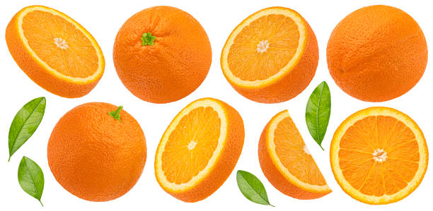 orange fruits with leaves isolated on white background - orange imagens e fotografias de stock