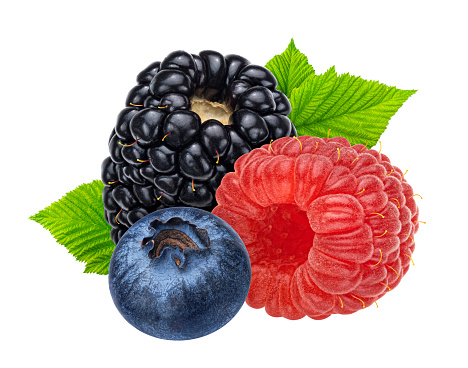 Various berries and fruits on a pink background