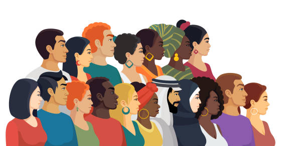 People. Multiracial, multicultural group of men and women. Side view portraits. Multi-ethnic group. Concept of equality and togetherness. Stop racism. vector art illustration