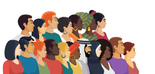 Vector illustration of People. Multiracial, multicultural group of men and women. Side view portraits. Multi-ethnic group. Concept of equality and togetherness. Stop racism.