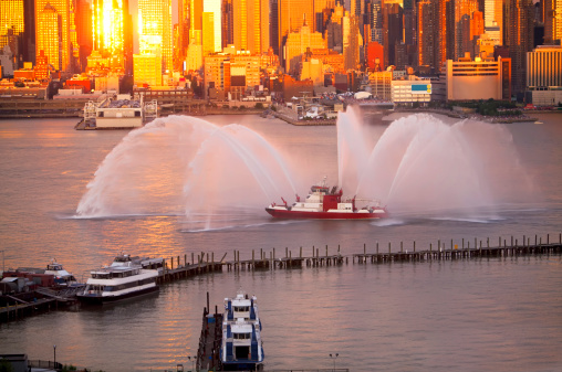 Cruise ship and New York City Lower Manhattan skyline