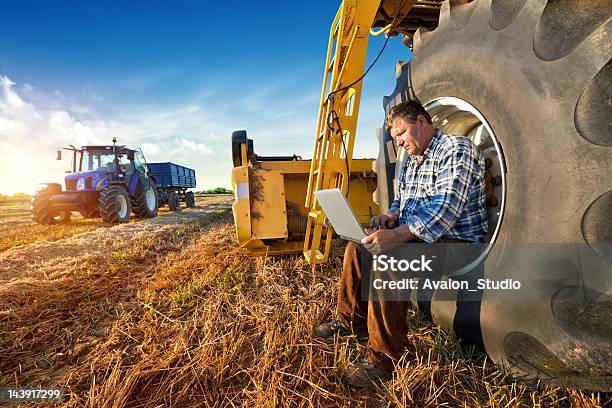 Farmer Counts Yields On A Computer Stock Photo - Download Image Now - Agriculture, Farmer, Technology