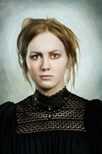 Painting of  sick looking young woman in black dress with crazy look in her eyes
