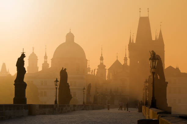 Panıramic image of Powder Tower and Old Buildings around Street Junction in Prague, Czech Republic