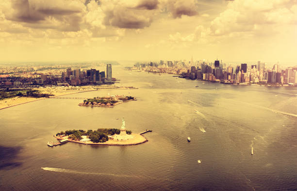 istock Manhattan aerial view , downtown from Helicopter 143917544