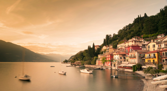 Panoramic view of Lago di Como in Northern Italy and the beautiful village of Varenna at sunset