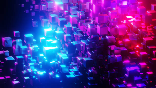 istock Abstract background 3D, many cubes with neon purple blue glow on black 1439176410