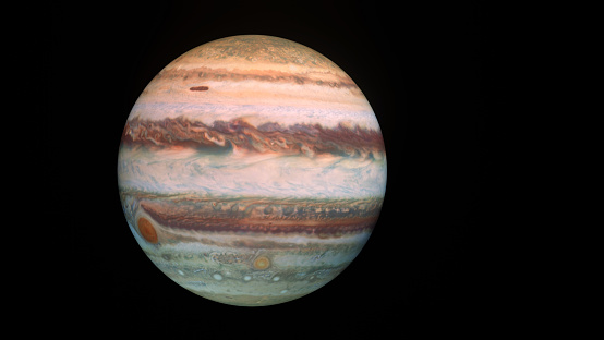 Jupiter planet isolated on black, high detailed surface features, jupiter globe scientific background, 3D render illustration,