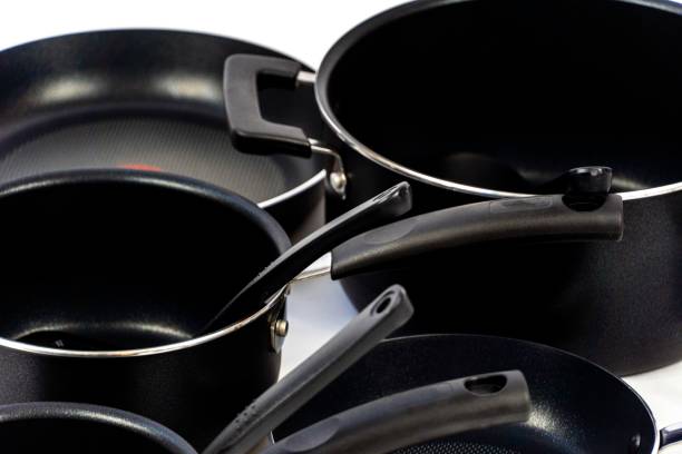 istock Set of cookware pots on a white background 1439176453