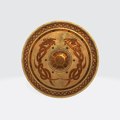 A 3D rendering of a metal round shield with dragon symbols