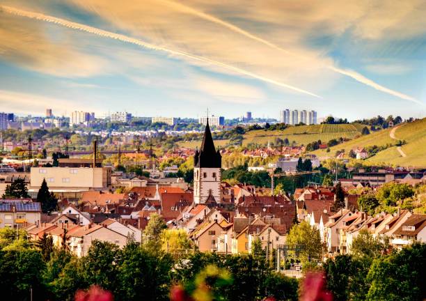 istock Amazing old European town on a cloudy sky background 1439176889