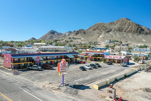 Tonopah, Nevada, United States – May 25, 2020: An aerial drone photo of the Clown Motel, a popular themed lodge for travelers along Nevada's Highway 95.