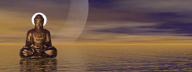 istock Peaceful buddha meditating alone next to the moon - 3D render 1439183548