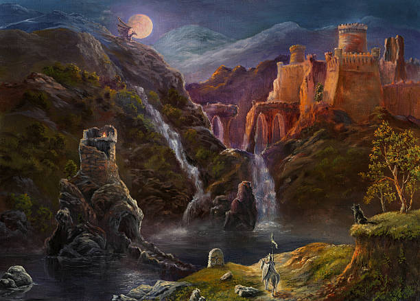 ночь в волшебное королевство - ancient wonder stock illustrations