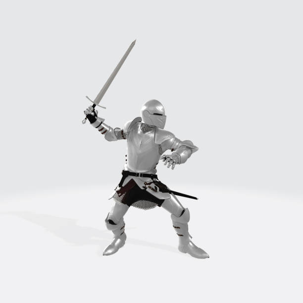 istock Realistic 3D rendering of a knight character with a sword and a full battle armor suit 1439183977