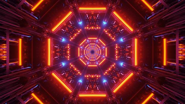 istock Illustration with circular shapes and glowing blue and red lights - modern sci-fi background 1439184581