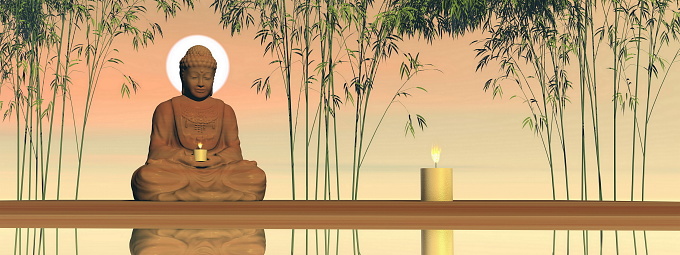 Peaceful buddha meditating next to bamboos and candles - 3D render