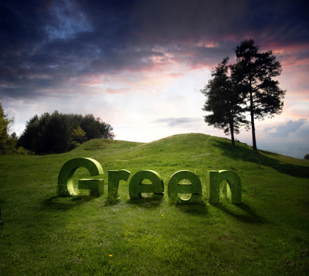 Landscape with green letters