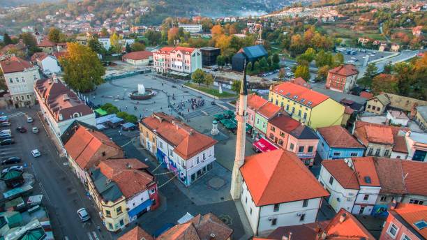 Tuzla, Bosnia and Herzegowina Aerial view of downtown Tuzla at sunset, Bosnia. City photographed by drone, traffic and objects , landscape. Old balkan buildings and communism type bosnia and hercegovina stock pictures, royalty-free photos & images