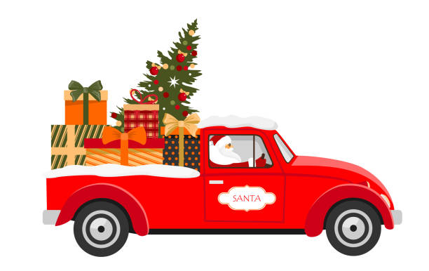 CAR CHRISTMAS GIFTS Santa Claus on a red car delivers Christmas gifts. Santa is driving a truck with a Christmas tree and gifts. Illustrated vector element. car clipart stock illustrations