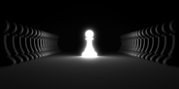 Chess pawn piece outstanding. Leadership concept. Unique individuality and standing out of crowd. 3d rendering