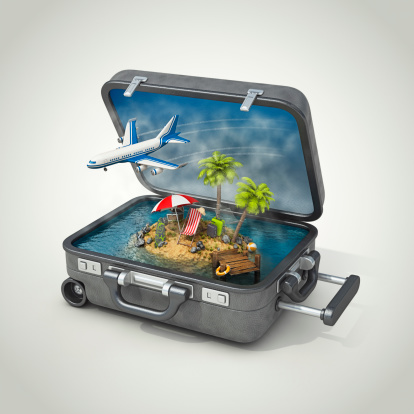 Small island with travel stuff in open suitcase.