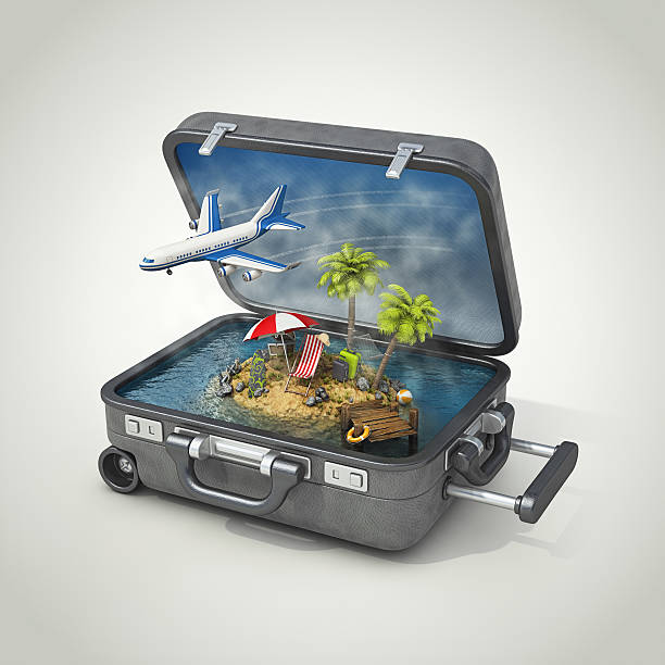 vacation island in suitcase - 旅程 插圖 個照片及圖片檔