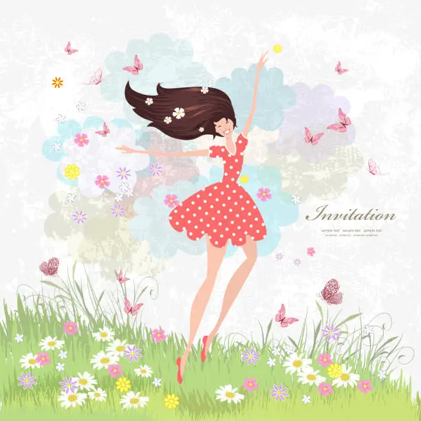 Vector illustration of Happy girl on the floral meadow with pink butterflies.