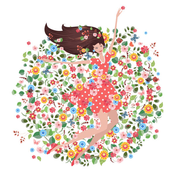 ilustraciones, imágenes clip art, dibujos animados e iconos de stock de joven feliz en el prado floral. tarjeta de felicitación ecológica. patrón redondo - floral dress