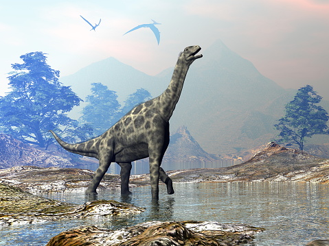 Atlasaurus dinosaur walking in a landscape with water by day - 3D render