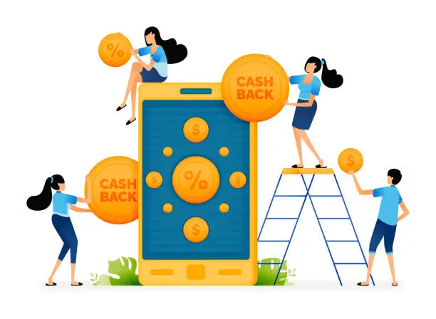 Vector illustration of Vector illustration of user getting Cashback from Coins and Discounts promotion program apps. Can be used for landing pages, web, websites, mobile apps, posters, ads, flyers, banners