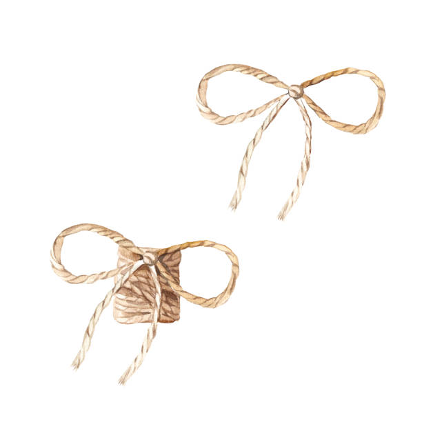 Jute spiral cord with bow knot. Hand drawn watercolor burlap linen rope illustration. Isolated on white background. Twine for bouquet bandaging. Rustic decoration. Jute spiral cord with bow knot. Hand drawn watercolor burlap linen rope illustration. Isolated on white background. Twine for bouquet bandaging. Rustic decoration rope tied knot string knotted wood stock illustrations