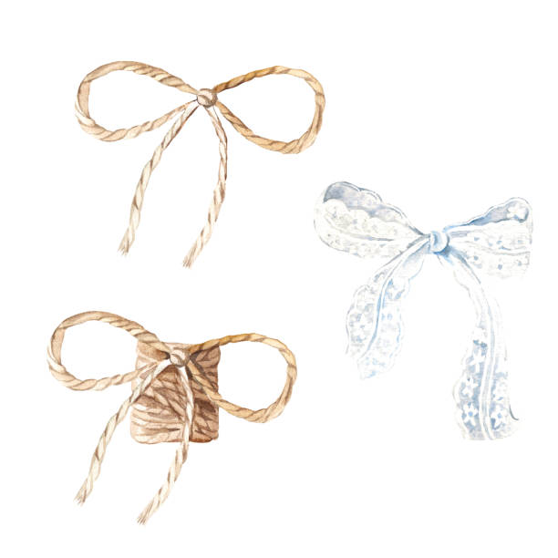 Set of jute cord and white lace bows. Hand drawn watercolor illustration. Isolated on a white background. For bouquets and gifts design. Rustic decoration. Set of jute cord and white lace bows. Hand drawn watercolor illustration. Isolated on a white background. For bouquets and gifts design. Rustic decoration rope tied knot string knotted wood stock illustrations