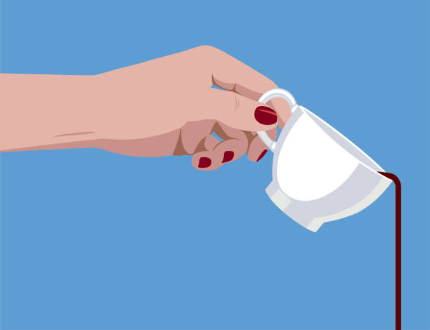 illustrazioni stock, clip art, cartoni animati e icone di tendenza di mano femminile che tiene una tazza bianca con il caffè versato su sfondo blu - coffee hand woman
