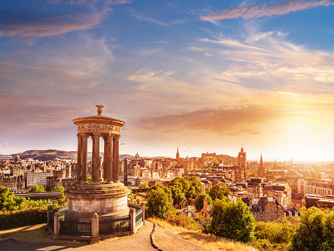 Edinburgh sunset aerial skyline from Calton Hill capital city of Scotland UK United Kingdom
