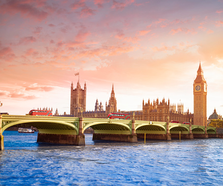 London Big Ben clock and Houses of Parliament in Westminster bridge on river Thames at sunset in UK Great Britain United Kingdom, England at the evening dusk