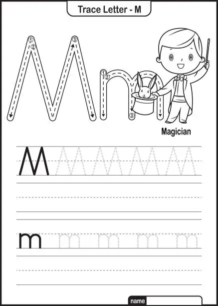 Vector illustration of Alphabet Trace Letter A to Z preschool worksheet with the Letter M Magician Pro Vector