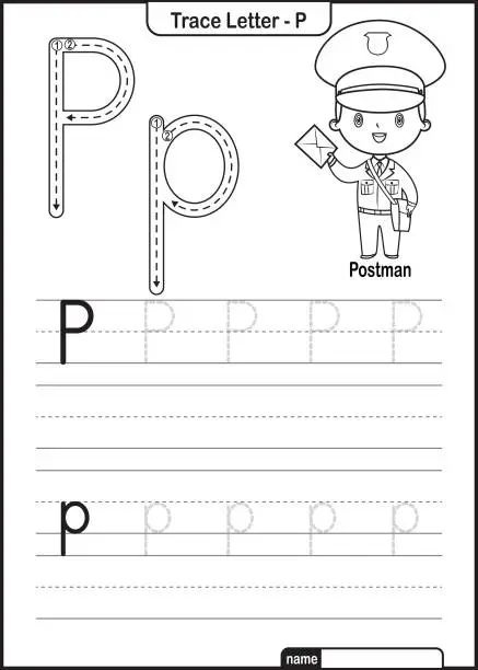 Vector illustration of Alphabet Trace Letter A to Z preschool worksheet with the Letter P Postman Pro