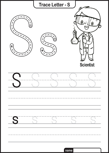 Alphabet Trace Letter A to Z preschool worksheet with the Letter S Scientist Pro Vector