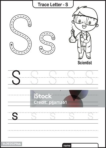 istock Alphabet Trace Letter A to Z preschool worksheet with the Letter S Scientist Pro Vector 1439202966
