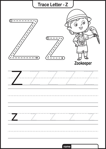 Alphabet Trace Letter A to Z preschool worksheet with the Letter Z Zookeeper Pro Vector