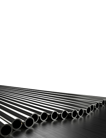 Steel shiny pipes in a row tubes 3d illustration with perspective with copy space white background
