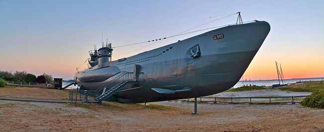 Laboe, Germany – May 04, 2020: Laboe, Germany 4. May 2020: U995 submarine museum directly on the beach of Laboe in Germany