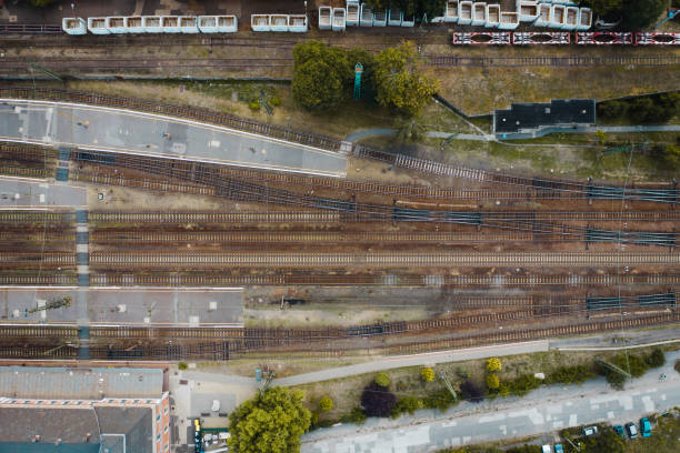 istock Top view of colorful cargo trains. 1439207269