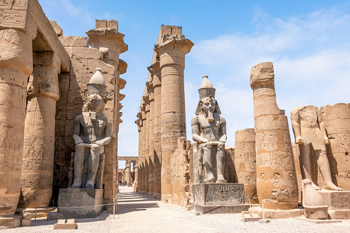 Luxor Temple, Egypt - July 23, 2022: The Luxor Temple is a large Ancient Egyptian temple complex located on the east bank of the Nile River in the city today known as Luxor (ancient Thebes) and was constructed approximately 1400 BCE. In the Egyptian language it was known as ipet resyt, 