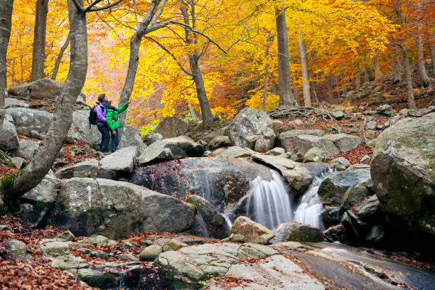 Mother and daughter in a wonderful forest in autumn, enjoying the landscape.