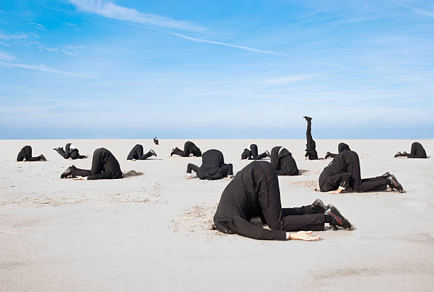 nascondere la testa nella sabbia - irony foto e immagini stock