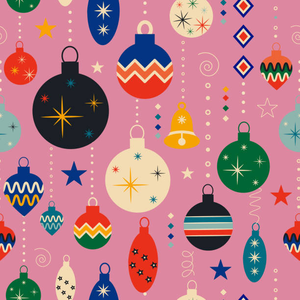 ilustrações de stock, clip art, desenhos animados e ícones de vintage christmas pattern with tree toys. christmas seamless background - xmas toys snowflake
